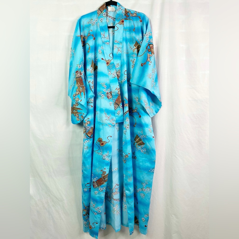 Vintage Light Blue Japanese Kimono Robe Traditional Sleeves Lg - Picture 3 of 7
